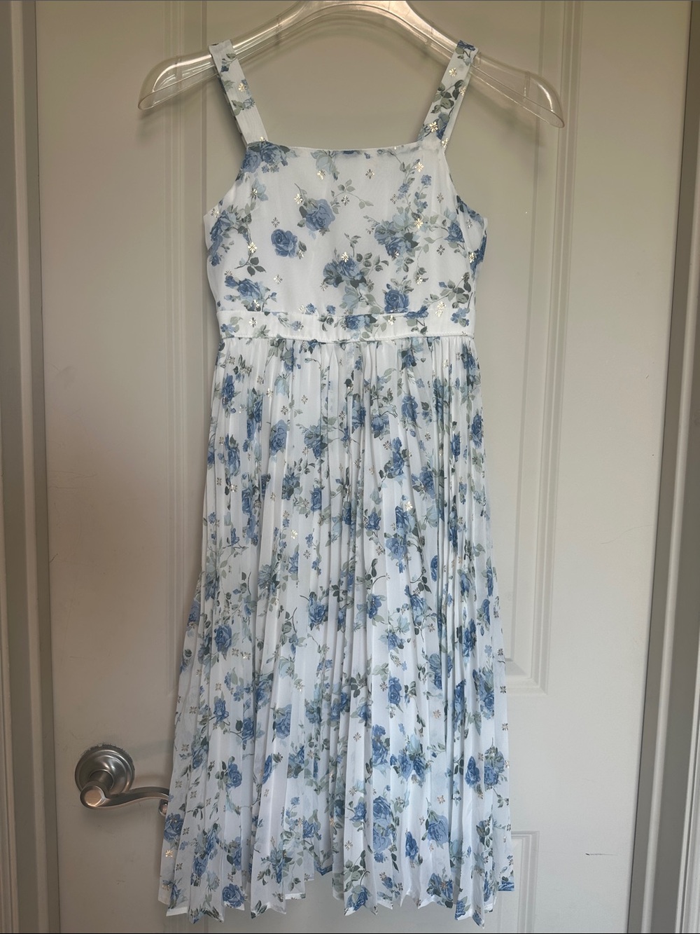 Girls' Blue Floral Pleated Dress